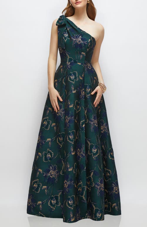 Alfred Sung One-shoulder Metallic Jacquard Trumpet Gown In Green