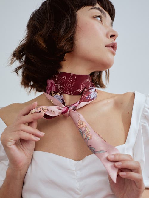 Lost Pattern Nyc "dream Hunter" Silk Skinny Scarf In Pink