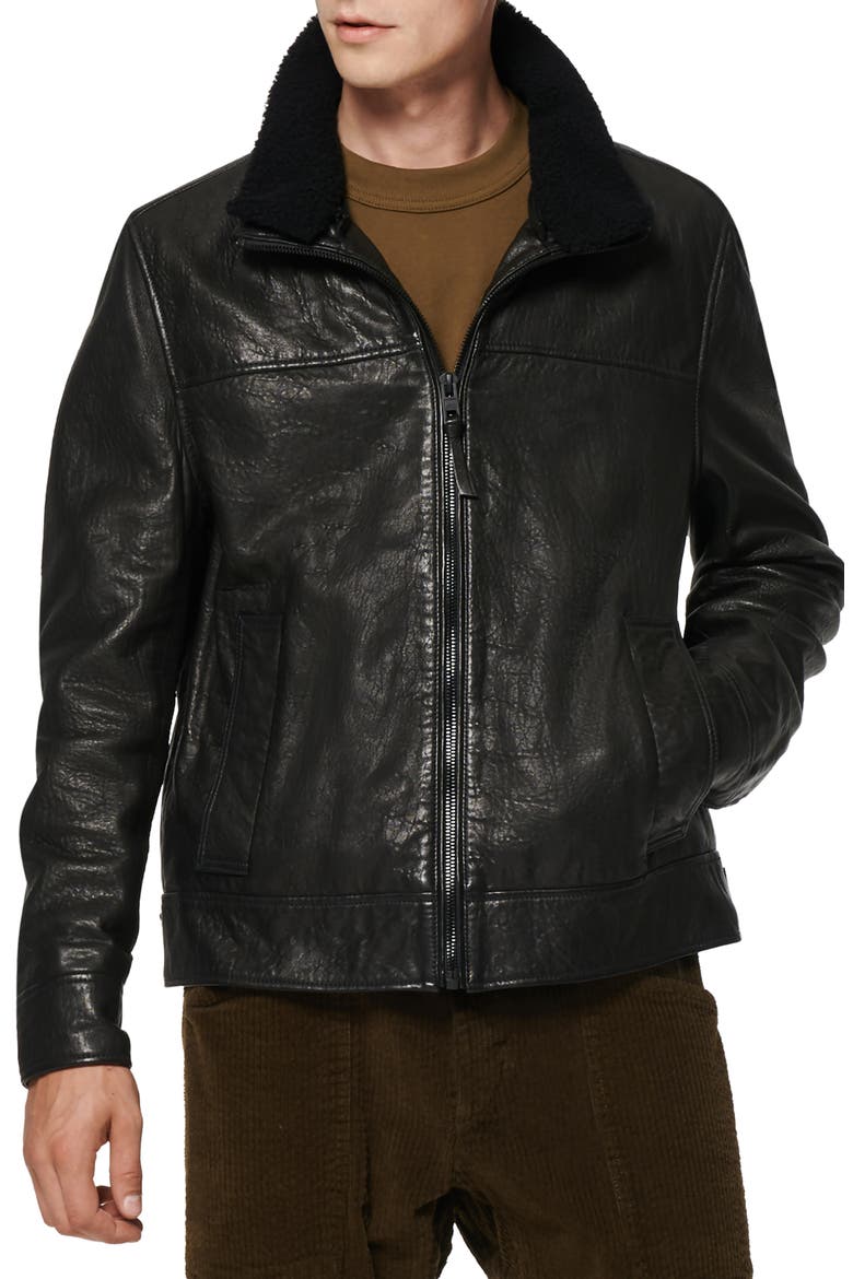 Augustine Leather Jacket with Genuine Shearling Collar, Main, color, BLACK
