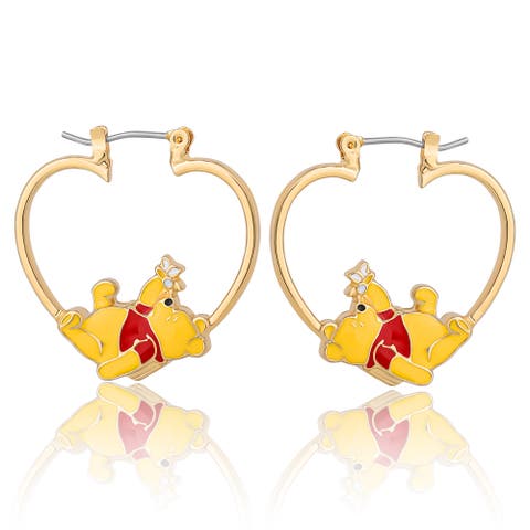 Winnie the Pooh Heart Hoop Earrings, Gold-Tone with Red Enamel