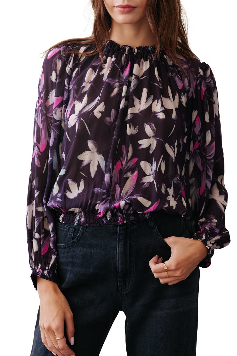 Smocked Neck Long Sleeve Blouse, Main, color, FLORAL PLUM PRINT