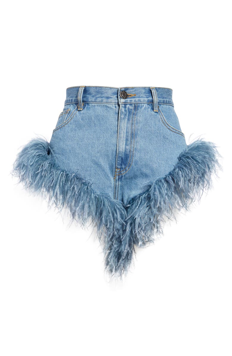 Area Feather Trim Denim Shorts, Main, color,