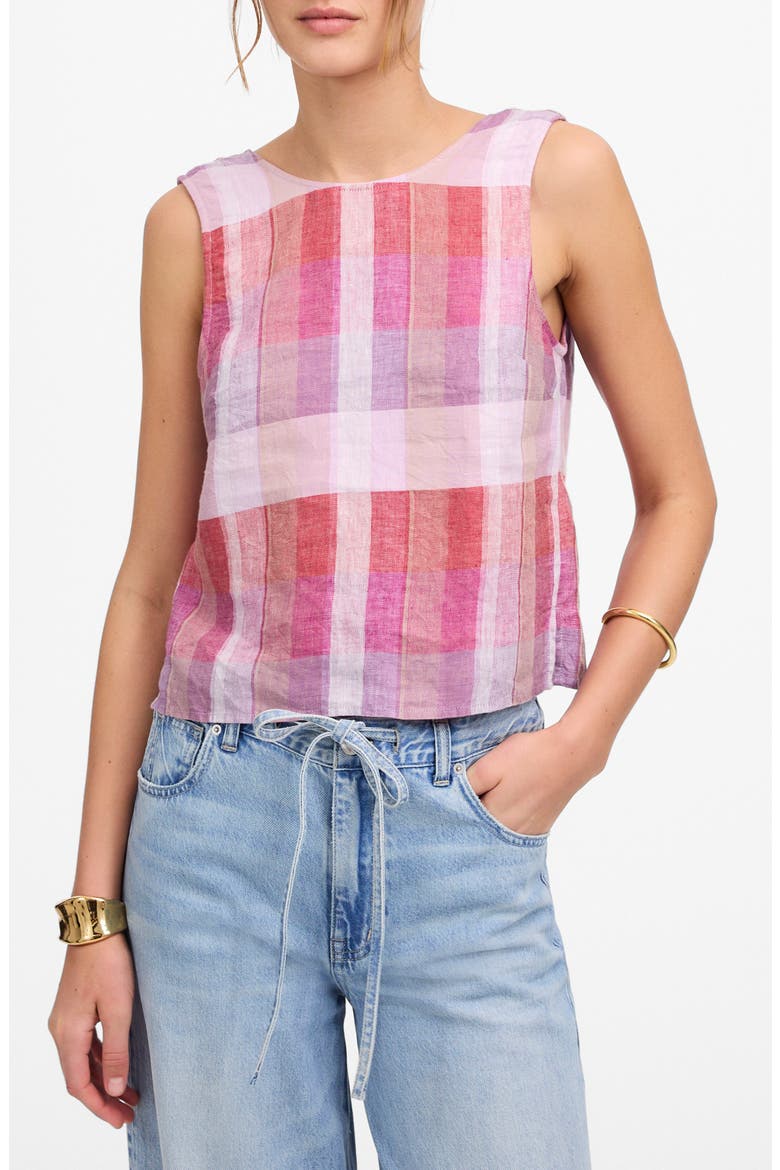 Plaid Tie Back Linen Tank Top, Main, color, PINK PLAID