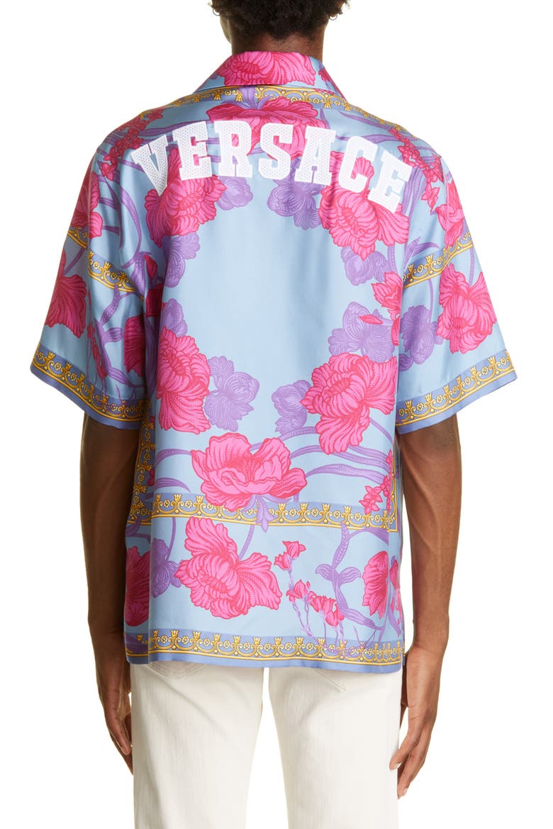 Logo Floral Print Silk Button-Up Shirt, Alternate, color, 5V250 - CORNFLOWER PRINT