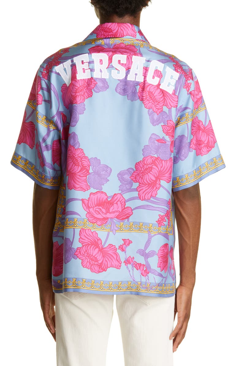 Versace Logo Floral Print Silk Button-Up Shirt, Alternate, color,