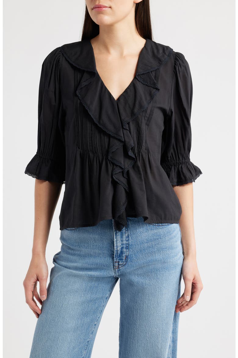 Ruffled Puff-Sleeve Top, Main, color, JET BLACK