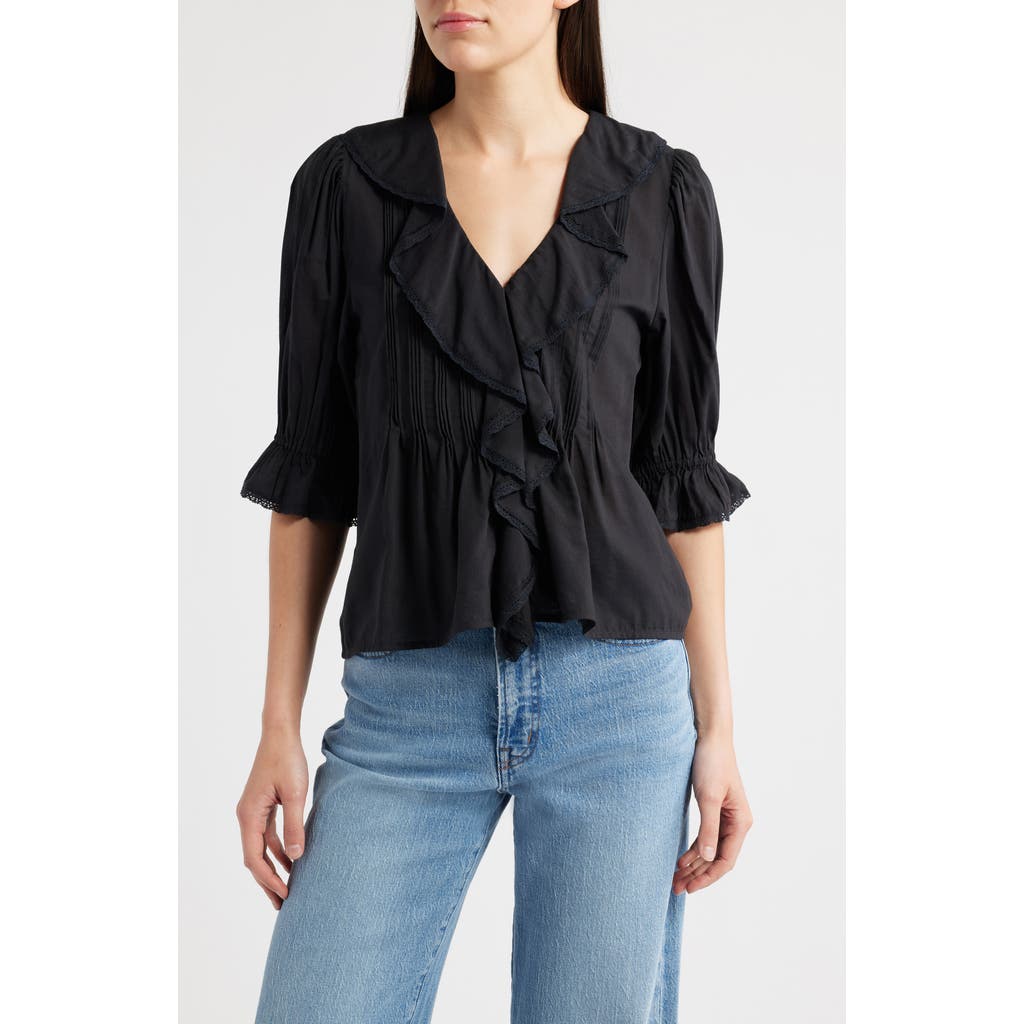 Madewell Pintucked Ruffled Puff-sleeve Top In Black