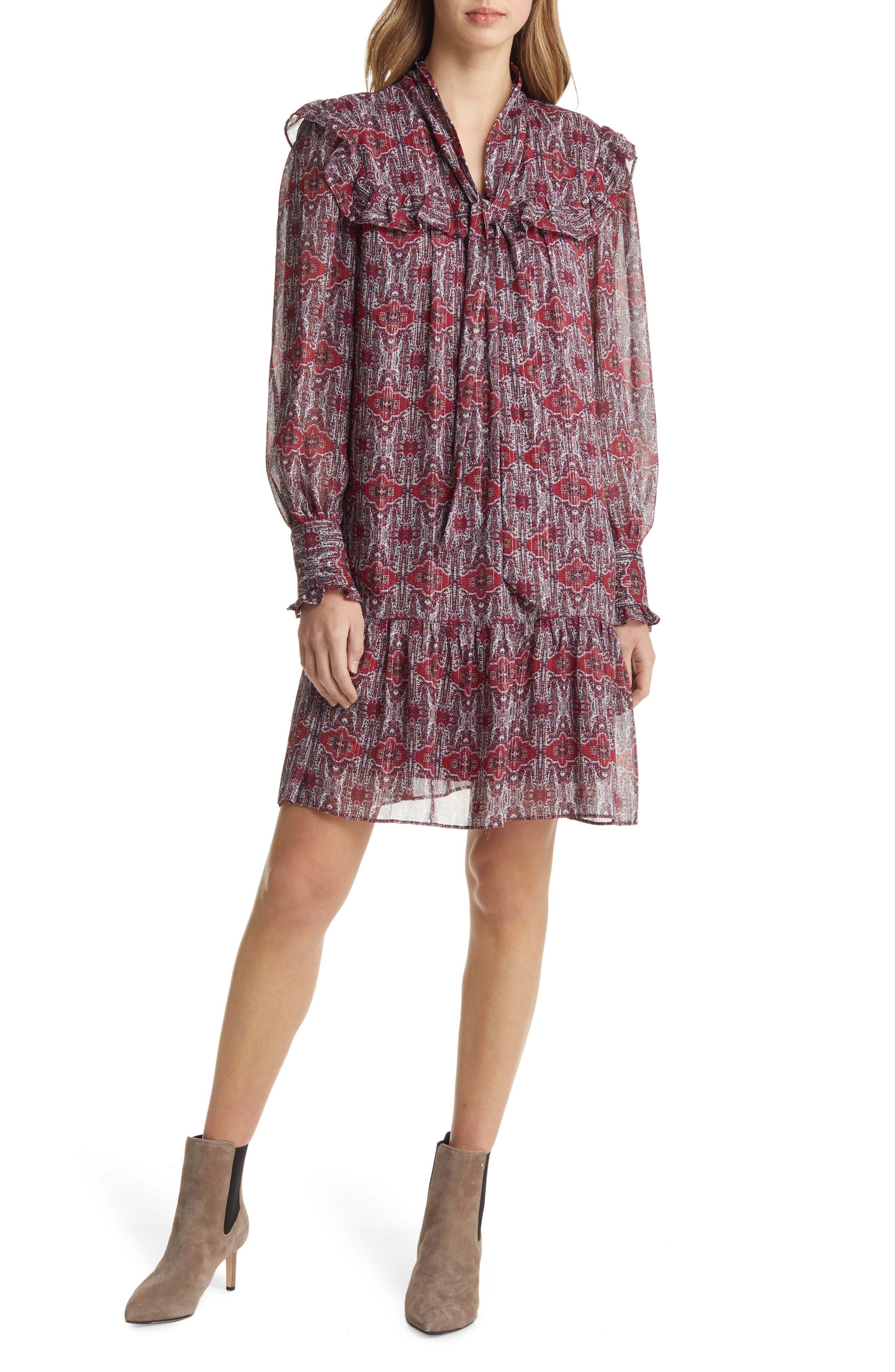 Julia Jordan Ruffle Yoke Tie Neck Long Sleeve Dress