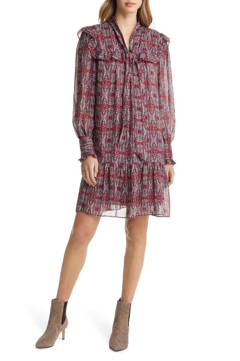 Ruffle Yoke Tie Neck Long Sleeve Dress, Main, color, RED MULTI