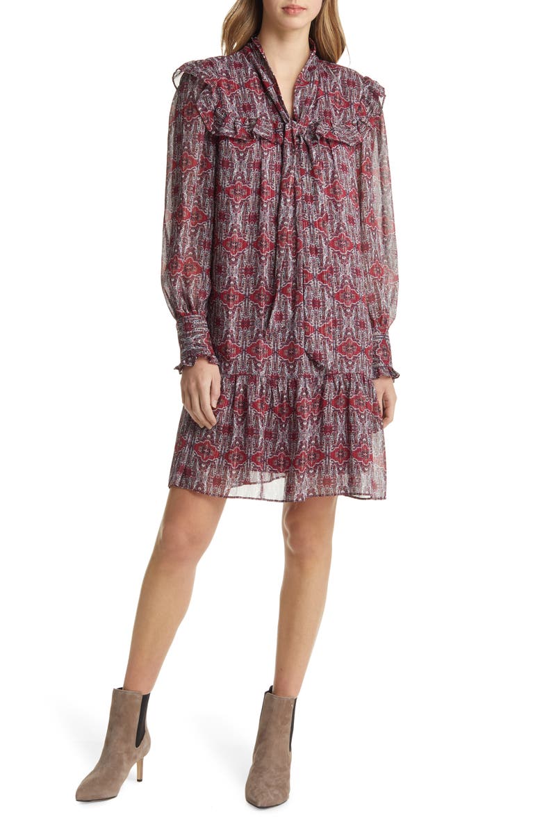 Julia Jordan Ruffle Yoke Tie Neck Long Sleeve Dress, Main, color, Red Multi