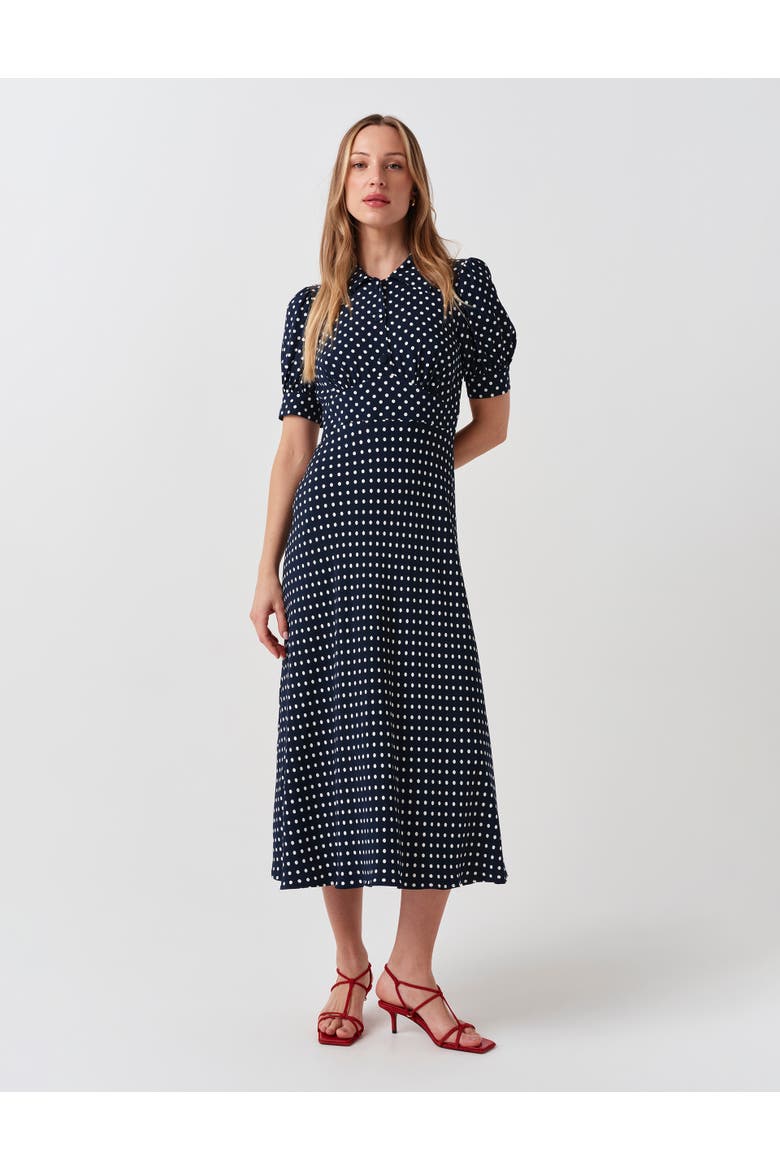 Wilma Fitted Waist Flared Dress, Alternate, color, Navy Spot