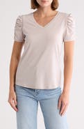 T Tahari Ruched Sleeve V-Neck T-Shirt