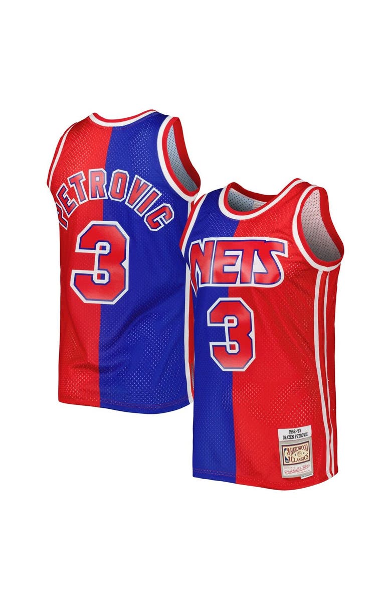 Mitchell & Ness Men's Mitchell & Ness Drazen Petrovic Blue/Red New Jersey Nets Hardwood Classics 1992/93 Split Swingman Jersey, Main, color, 