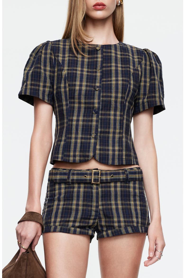 Femme Plaid Button-Up Top, Main, color, NAVY LEMON PLAID