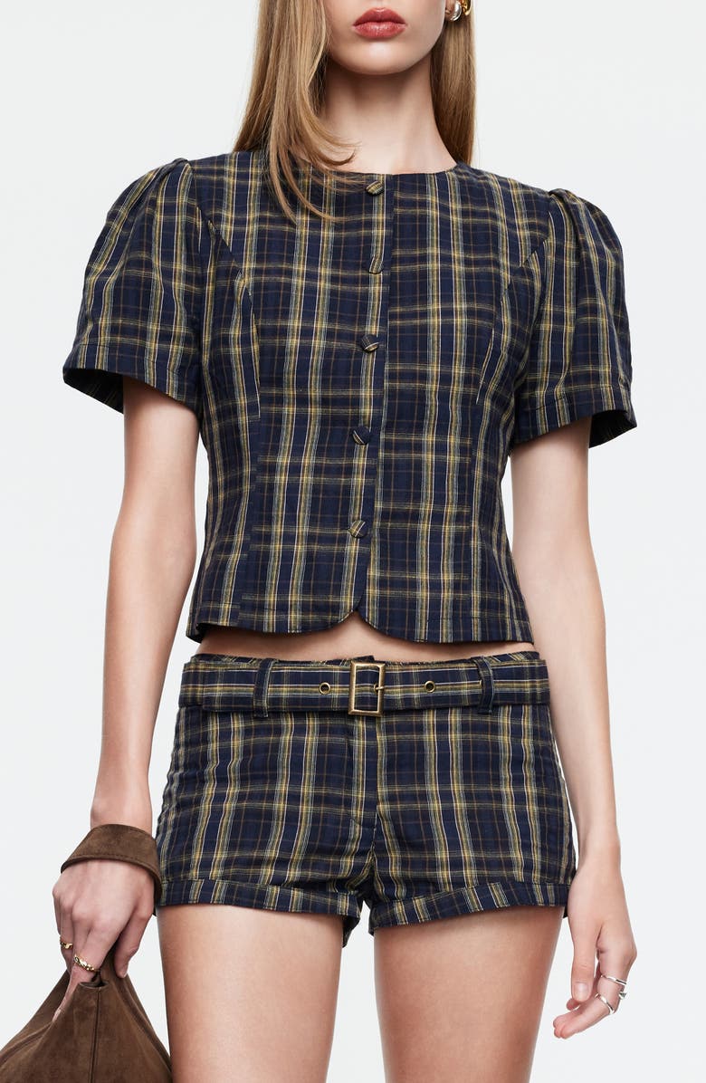 LIONESS Femme Plaid Button-Up Top, Main, color, Navy Lemon Plaid
