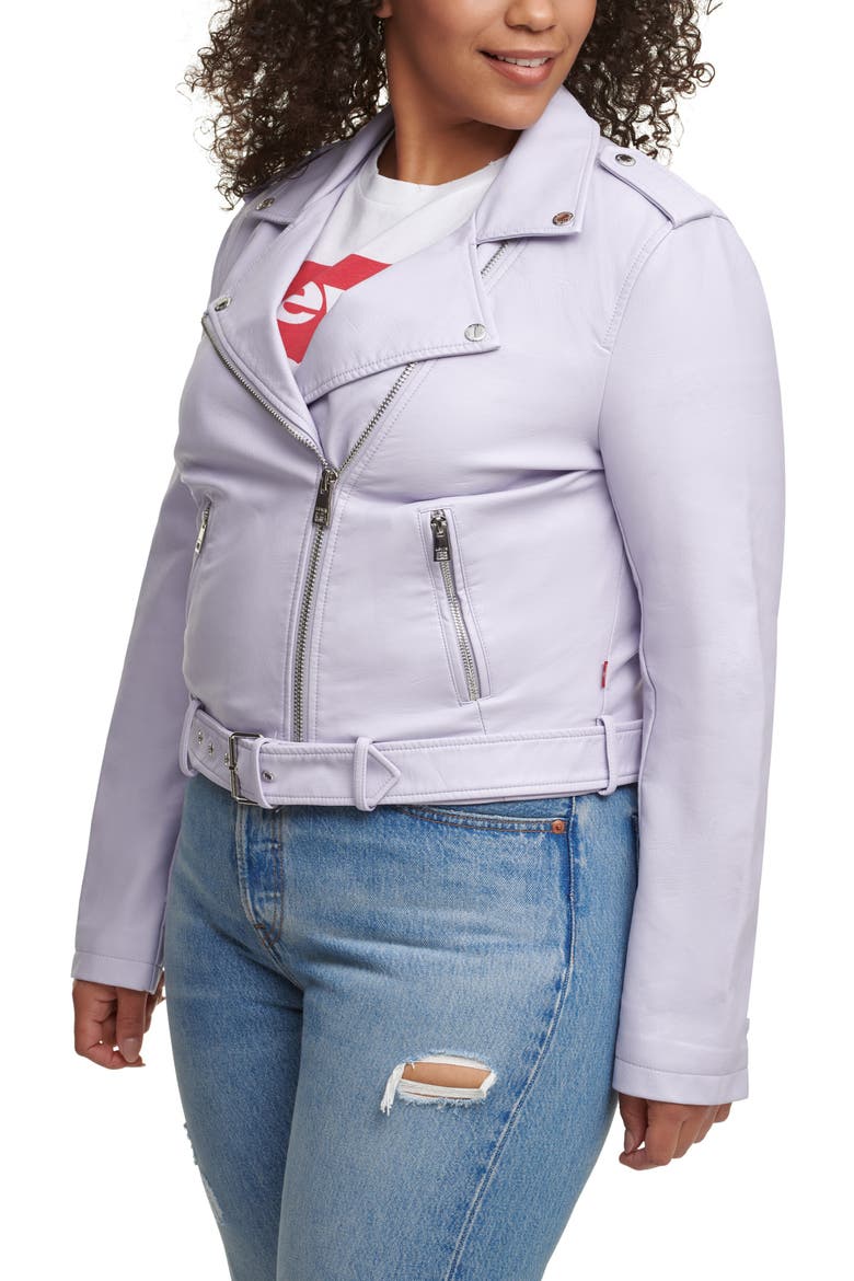 Water Repellent Faux Leather Fashion Belted Moto Jacket, Alternate, color, LILAC