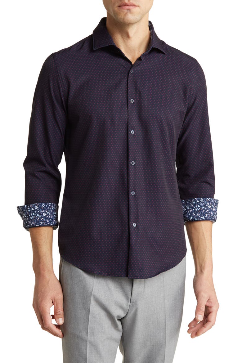Polka Dot Stretch Button-Down Shirt, Main, color, NAVY
