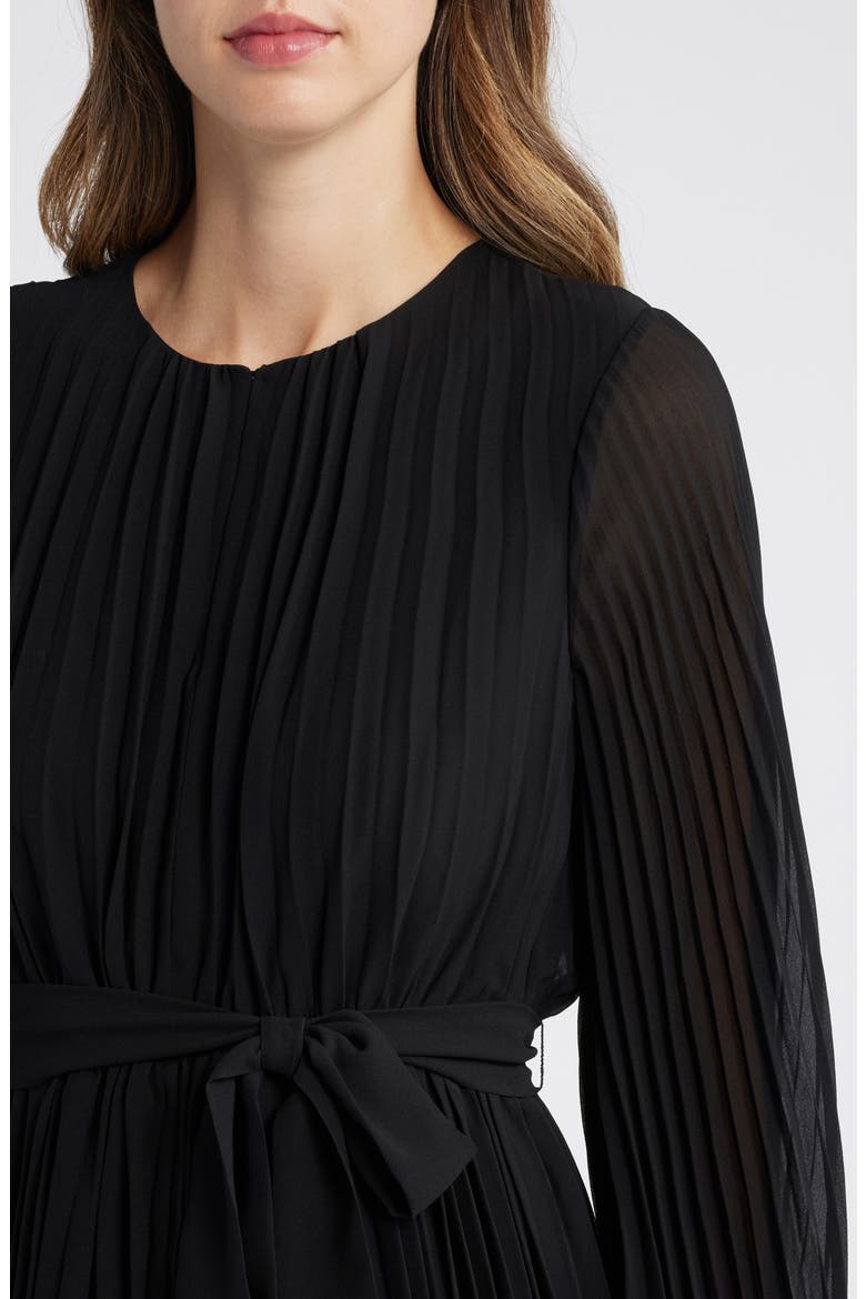 Tie Belt Long Sleeve Plissé Minidress, Alternate, color, BLACK