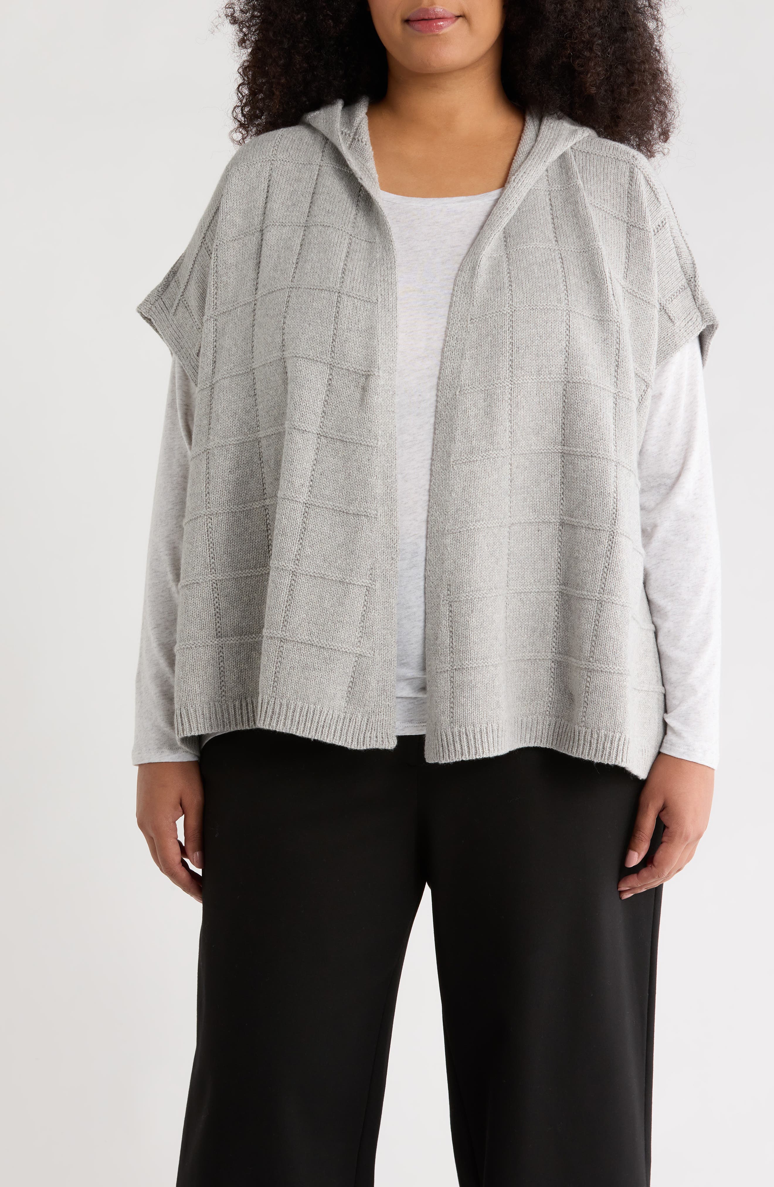 Eileen Fisher Hooded Open Front Cotton & Recycled Cashmere Poncho