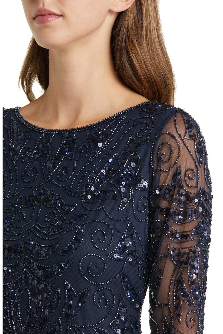 Illusion Sleeve Beaded A-Line Gown, Alternate, color, DARK NAVY 415