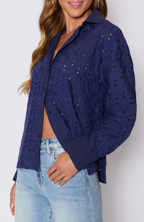 Vici Collection Garden Stroll Floral Eyelet Button-up Shirt In Blue
