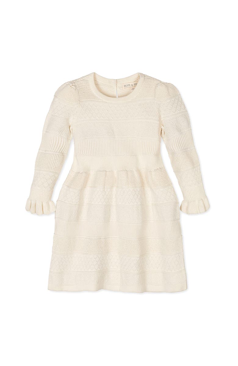Hope & Henry Kids' Organic Long Sleeve Ruffle Cuff Sweater Dress, Main, color, Ivory Textured Stripe