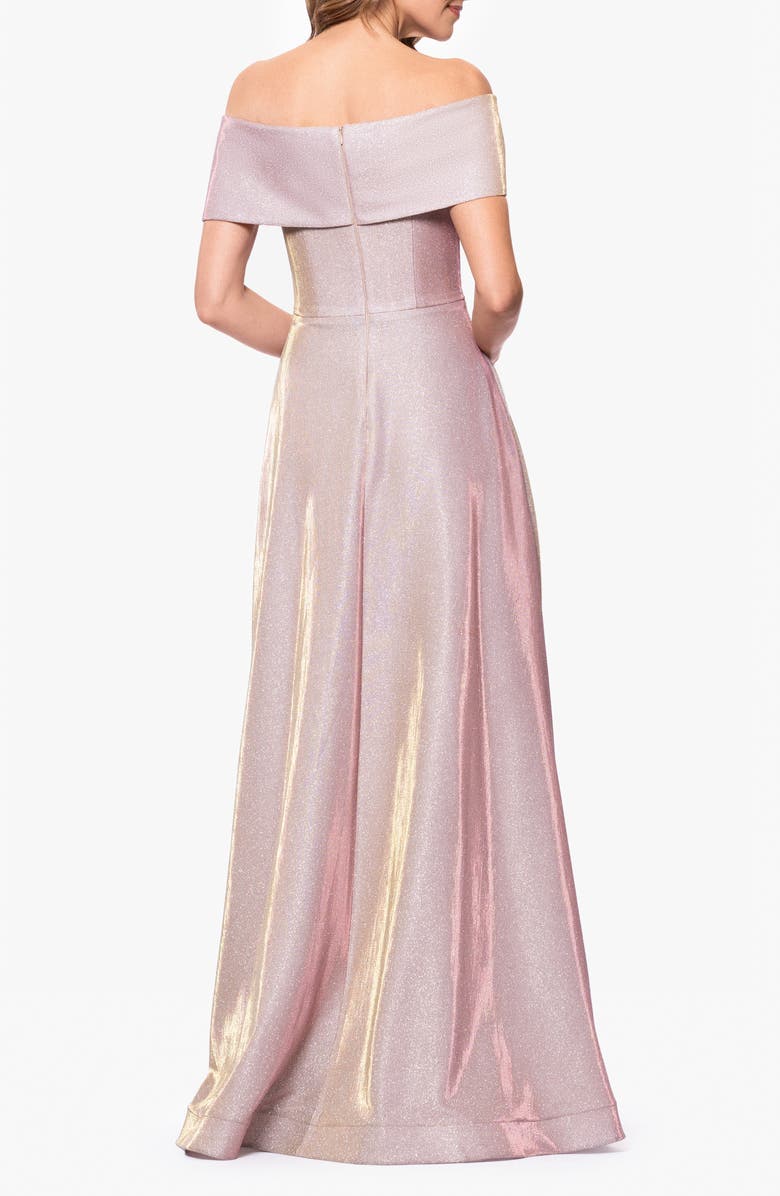 Betsy & Adam Metallic Off the Shoulder Ballgown, Alternate, color, White/ Pink/ Gold