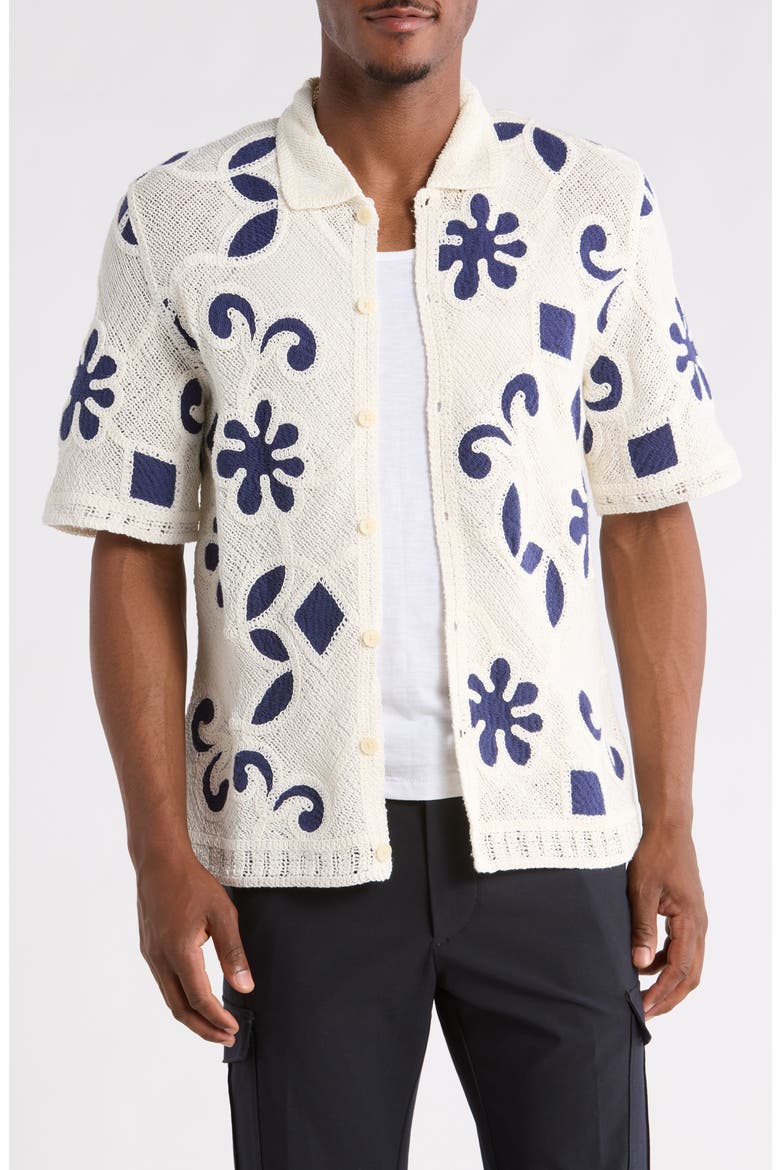 Porto Doodle Open Knit Short Sleeve Button-Up Shirt, Main, color, ECRU / DARK BLUE