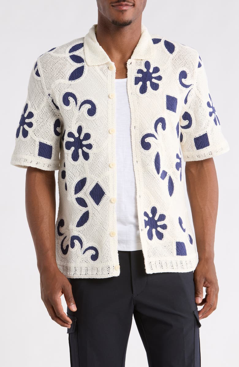 Wax London Porto Doodle Open Knit Short Sleeve Button-Up Shirt, Main, color, Ecru / Dark Blue