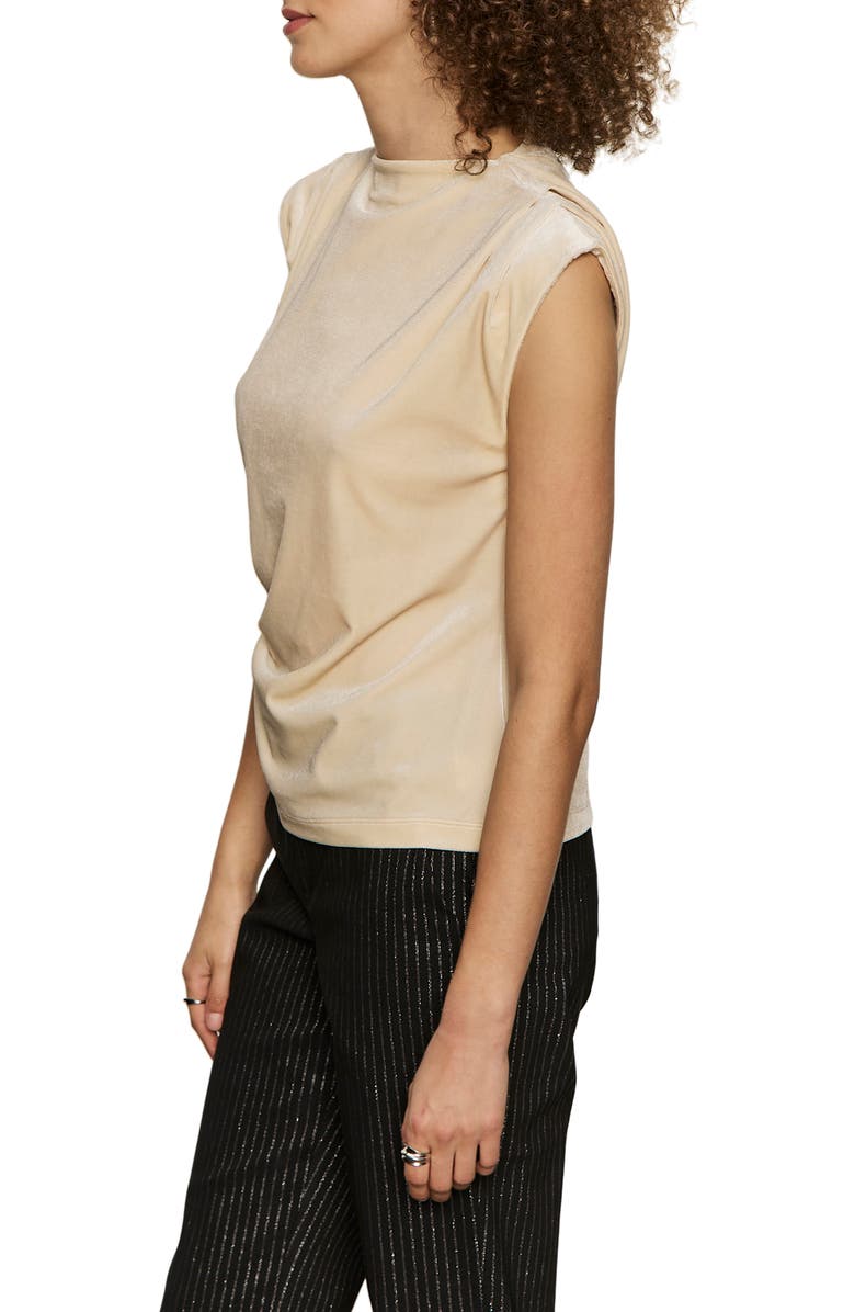 Sanctuary Pleated Sleeve Side Ruched Velvet Top, Alternate, color, Light Oat Beige