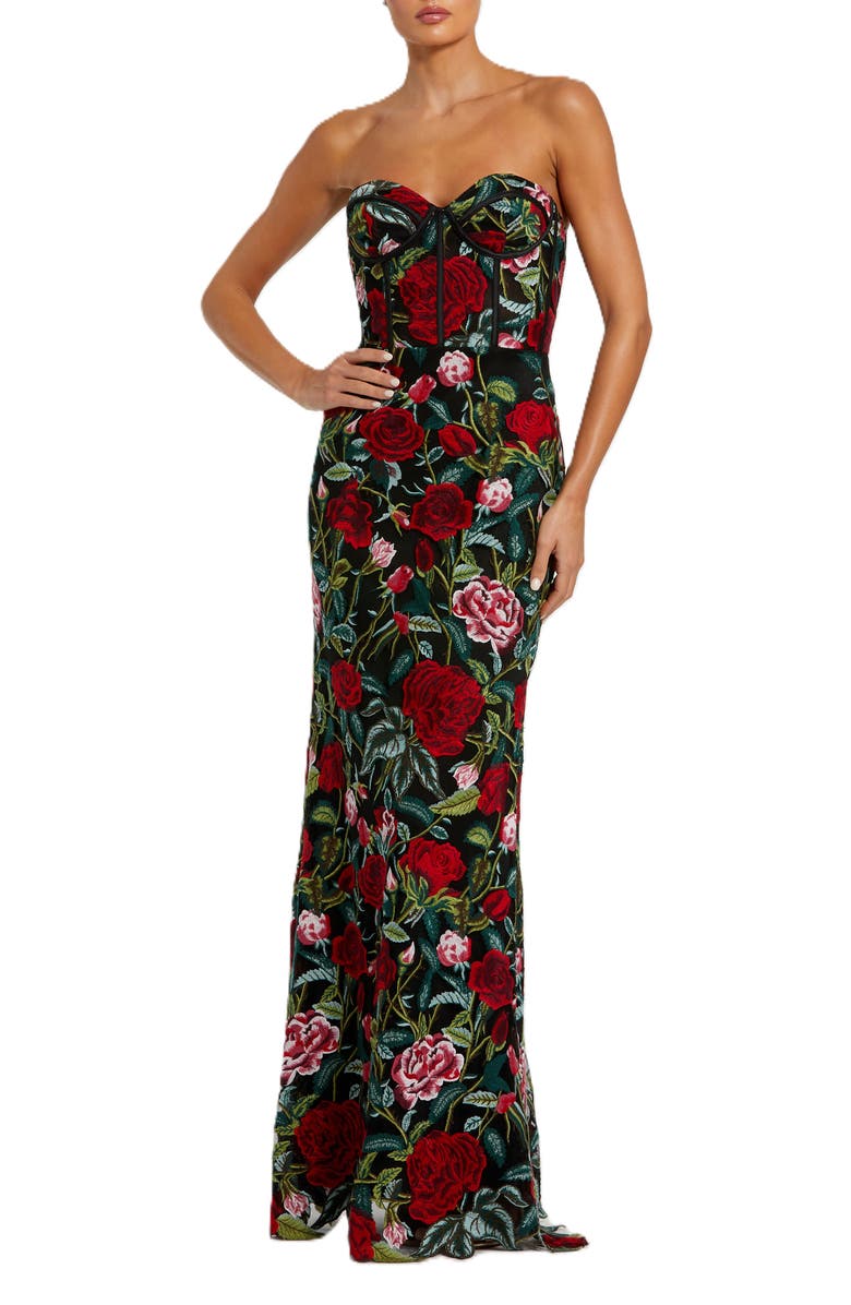 Mac Duggal Sheer Bustier Top Floral Applique Gown, Main, color, Black Multi