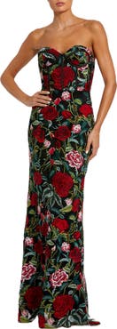 Mac Duggal Sheer Bustier Top Floral Applique Gown