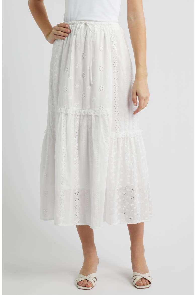 Ruffle Embroidered Eyelet Tiered Maxi Skirt, Main, color, OFF WHITE