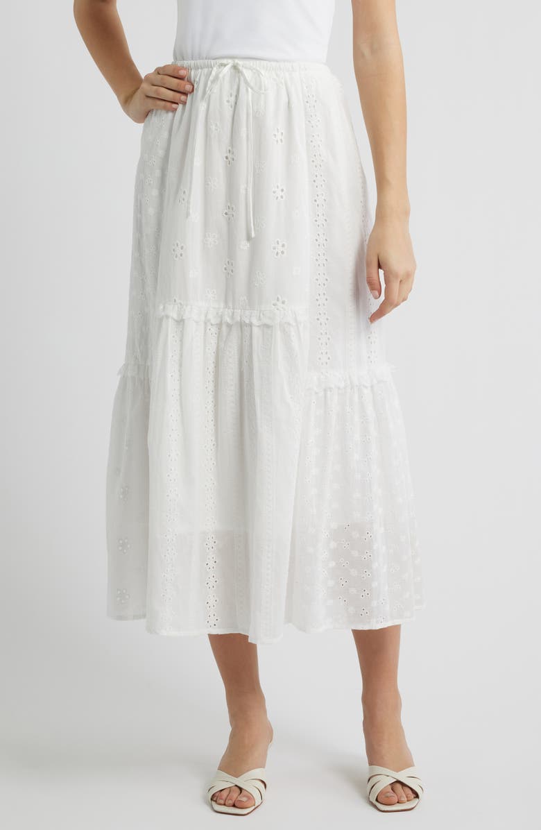 All in Favor Ruffle Embroidered Eyelet Tiered Maxi Skirt, Main, color, Off White