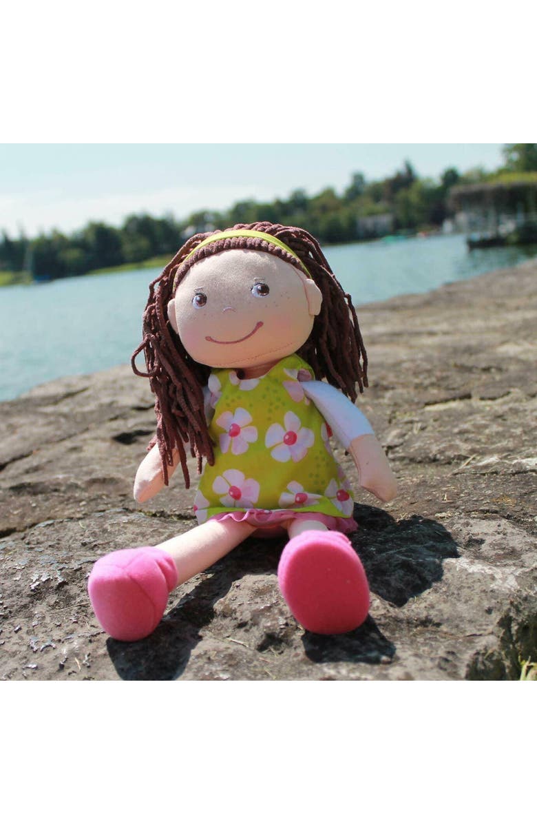 HABA Coco 12" Soft Baby Doll with Brown Hair, Embroidered Face, Removable Green Dress, Matching Headband - Machine Washable Toddler Doll - 18 Months+, Alternate, color, Green Multi