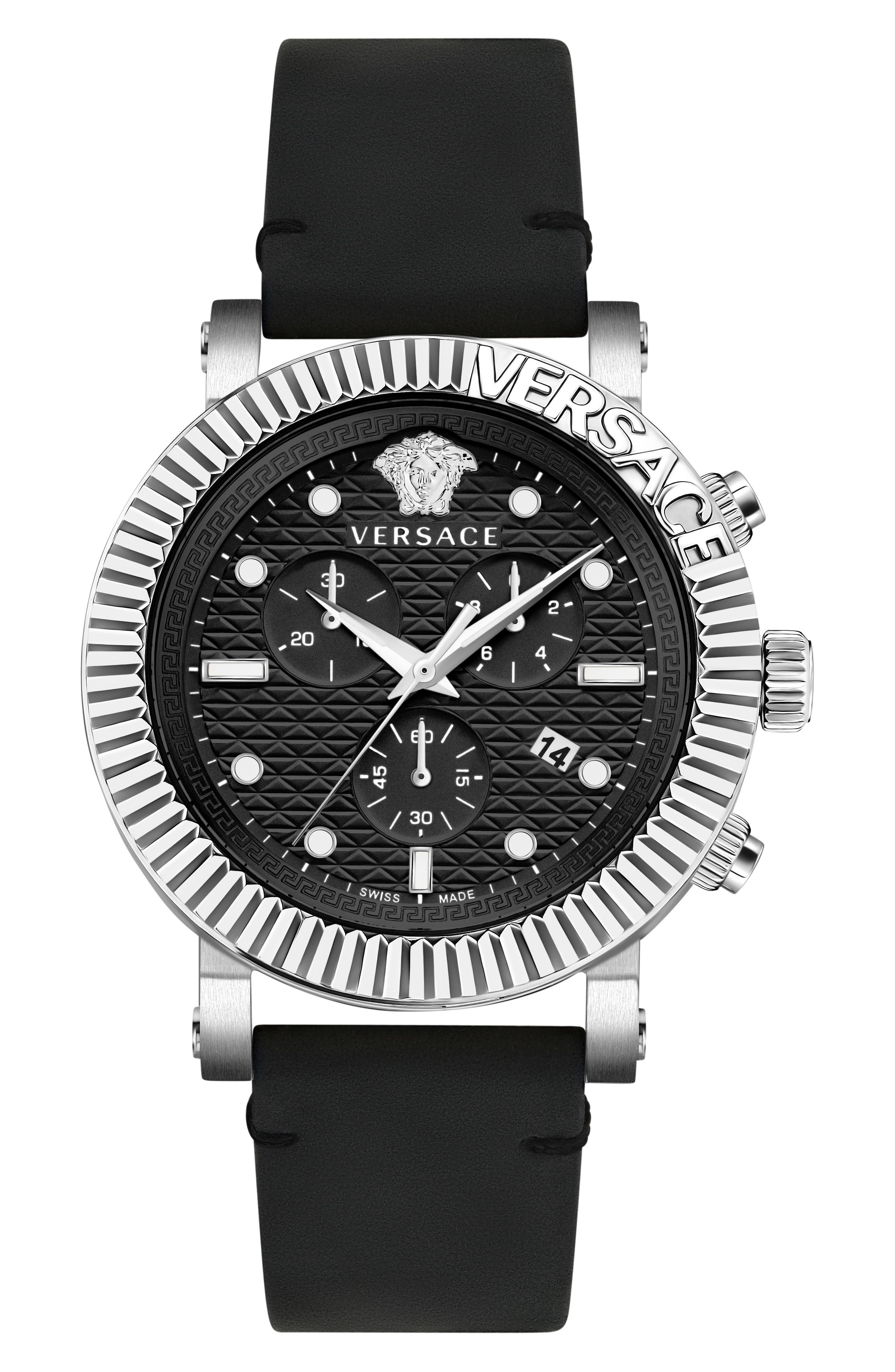 Versace Three-Hand Quartz Leather Strap Watch, 45mm