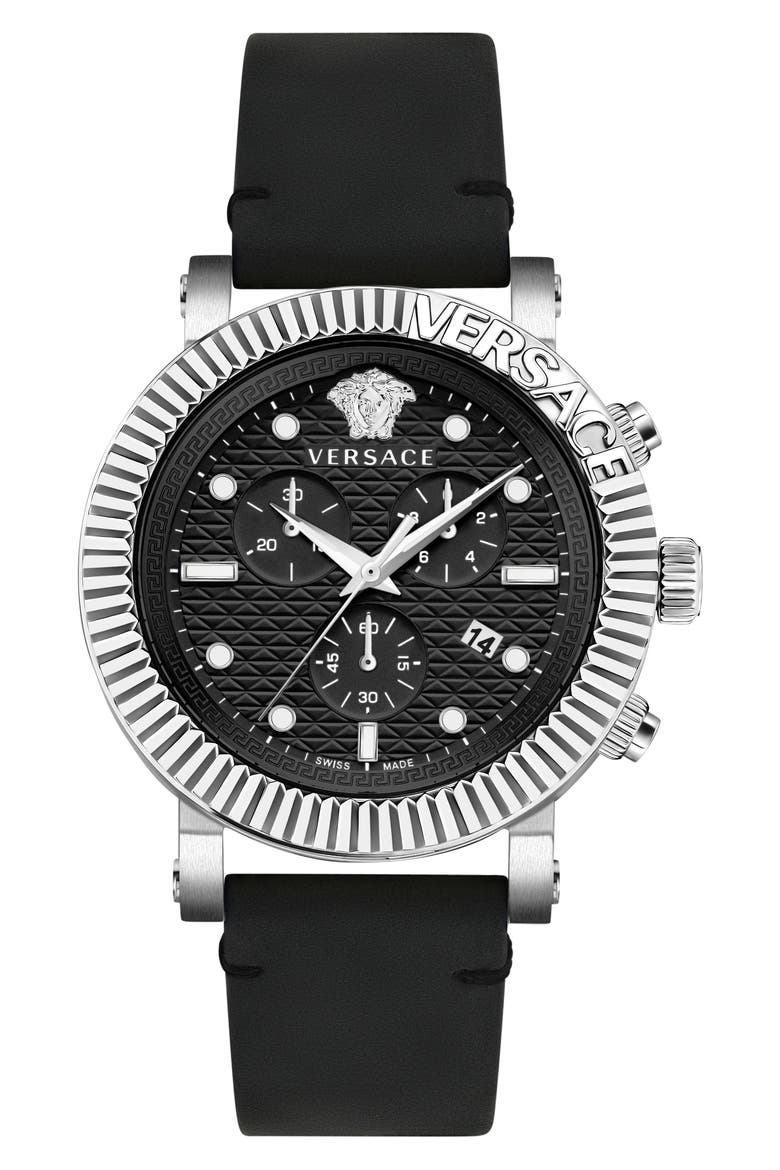 Three-Hand Quartz Leather Strap Watch, 45mm, Main, color, STAINLESS STEEL