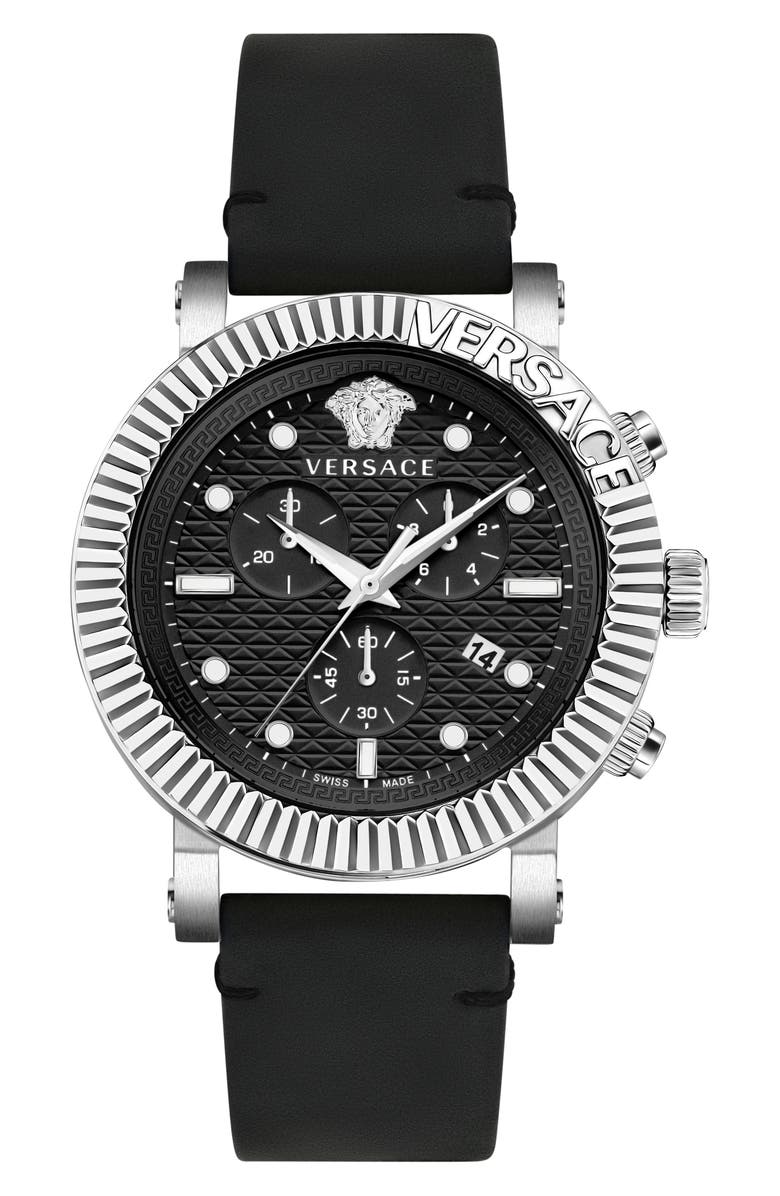 Versace Three-Hand Quartz Leather Strap Watch, 45mm, Main, color, Stainless Steel