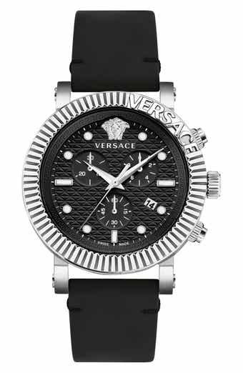 Versace Three-Hand Quartz Leather Strap Watch, 45mm