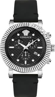 Versace Three-Hand Quartz Leather Strap Watch, 45mm
