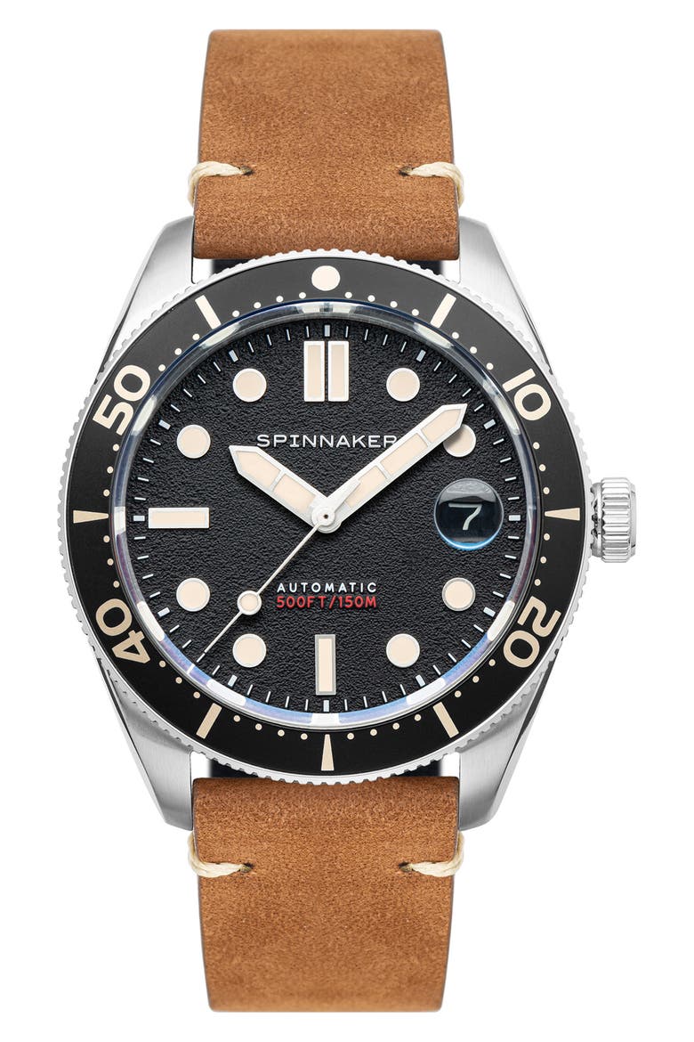 Croft Midsize Automatic Leather Strap Watch, 40mm, Main, color, BLACK