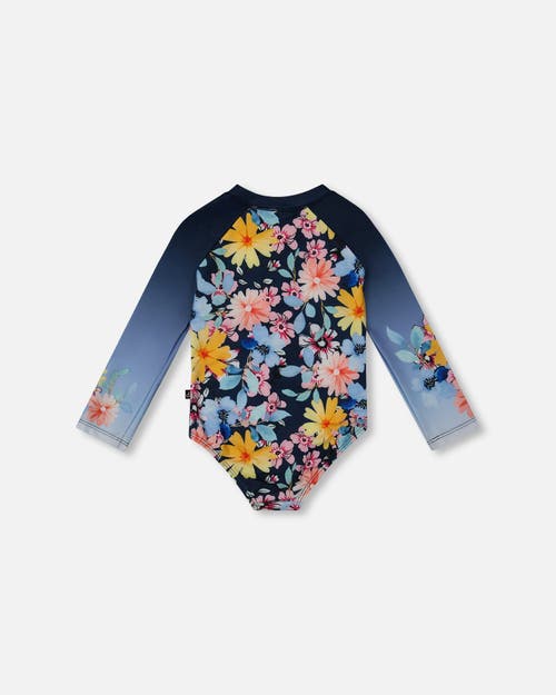 Deux Par Deux Little Girl's Printed Long Sleeve Rashguard Navy And Yellow And Pink Flowers In Navy Yellow And Pink Flowers