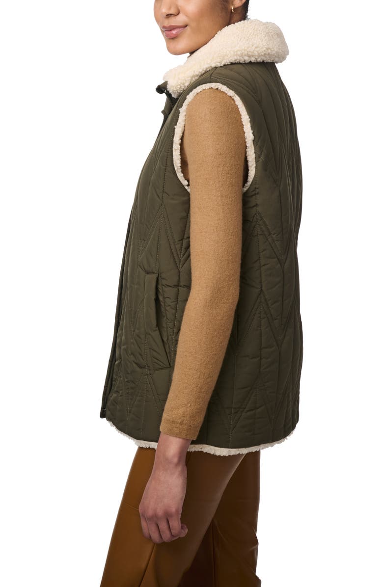 Bernardo Chevron Quilted Faux Shearling Lined Recycled Polyester Reversible Vest, Alternate, color, Olive