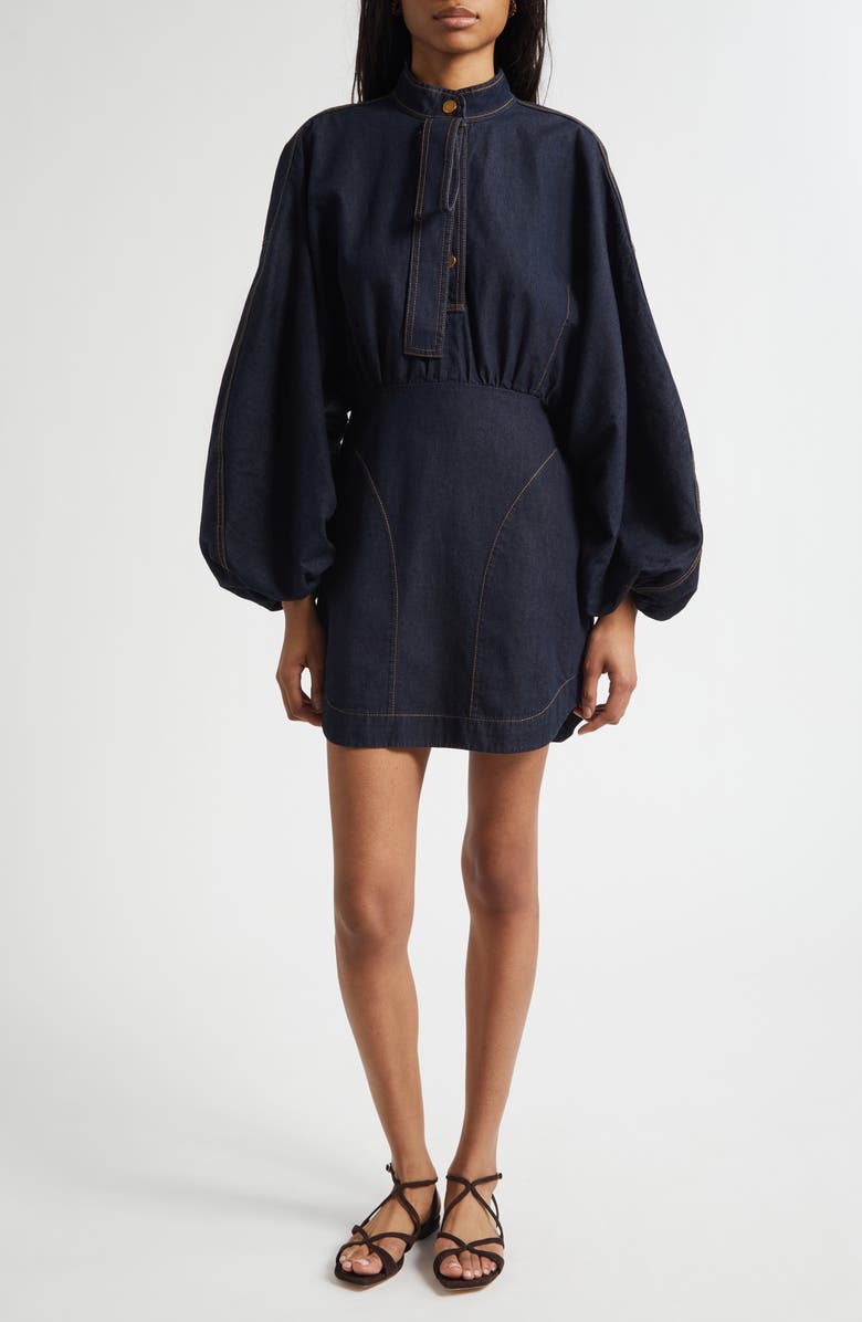 Zimmermann Gathered Long Sleeve Denim Minidress, Main, color, Night Sky