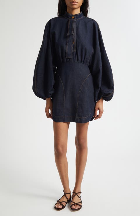 Gathered Long Sleeve Denim Minidress (Regular & Petite)