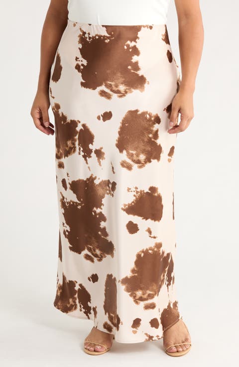 Cow Print Satin Maxi Skirt (Plus)
