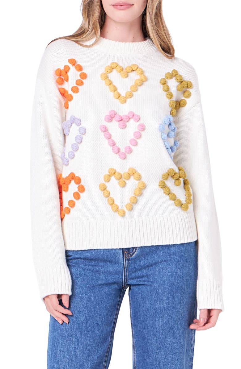 English Factory Heart Pom Sweater, Main, color, 