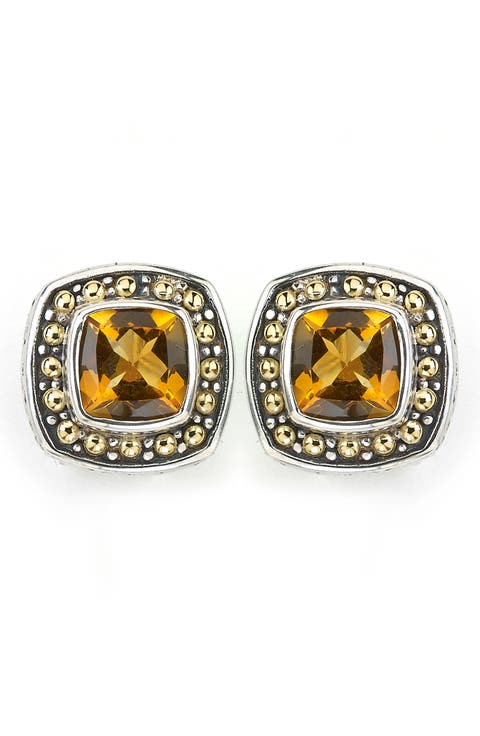 Sterling Silver & 18K Gold Semiprecious Stone Cushion Stud Earrings