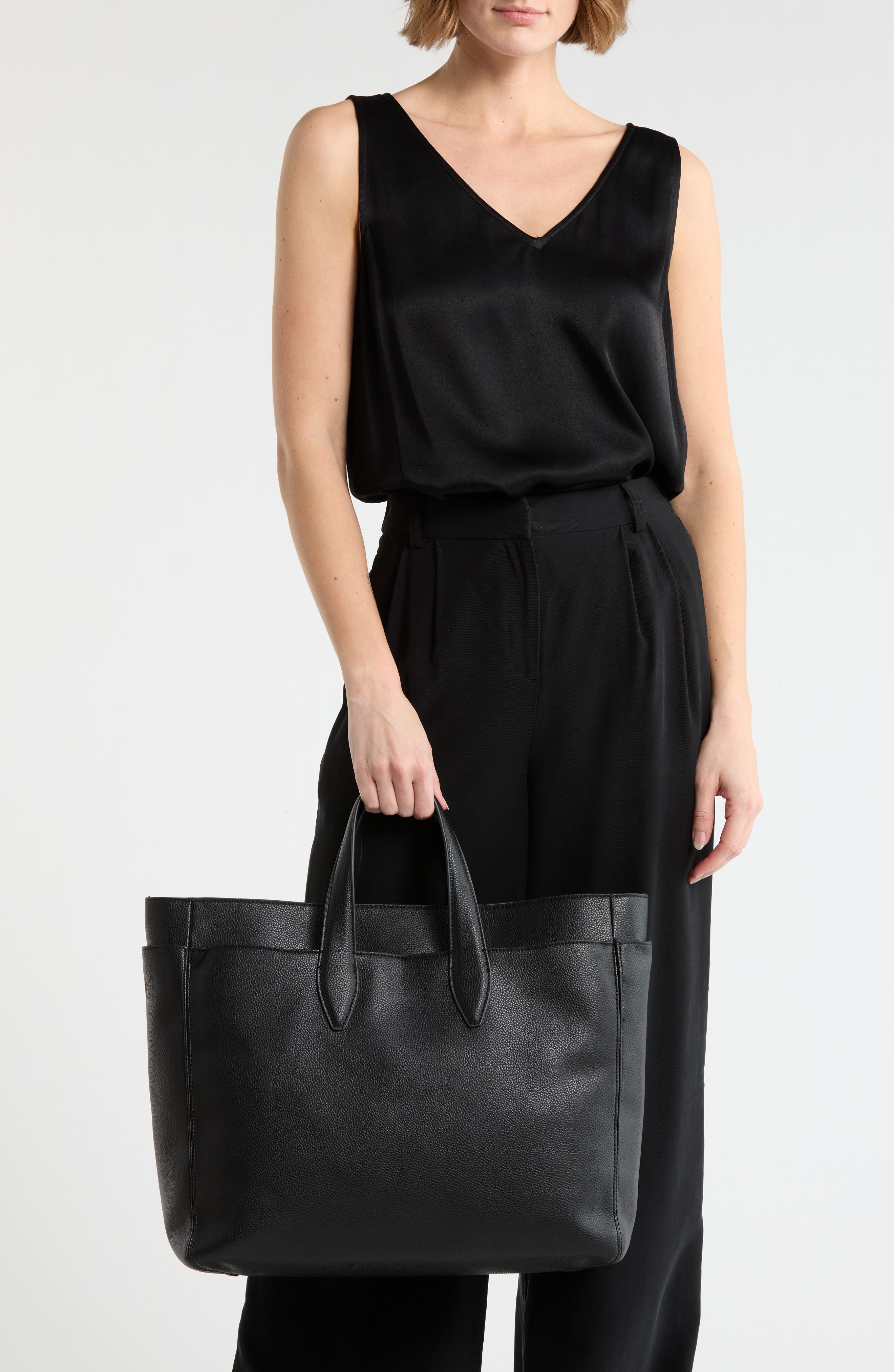 BCBG Layered Faux Leather Tote, Alternate, color, Black