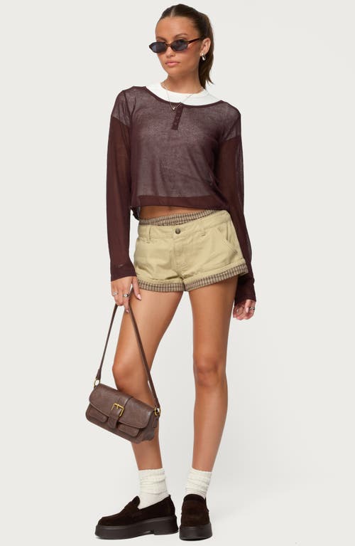 Edikted Peekaboo Plaid Boxer Detail Denim Shorts In Neutral